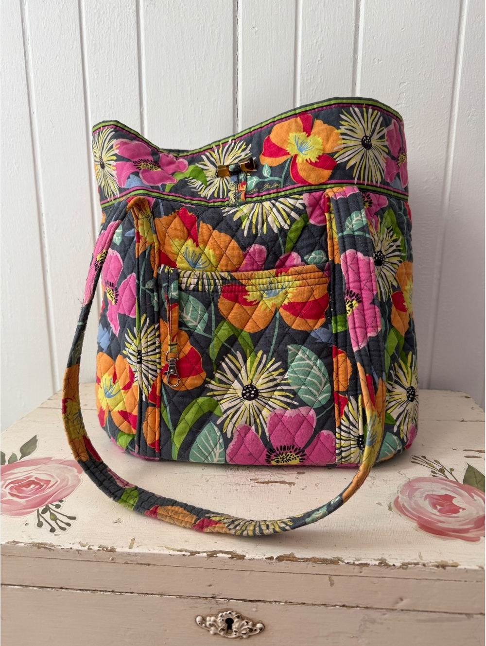 Vera Bradley Quilted Floral Tote Bag with Multiple Pockets
